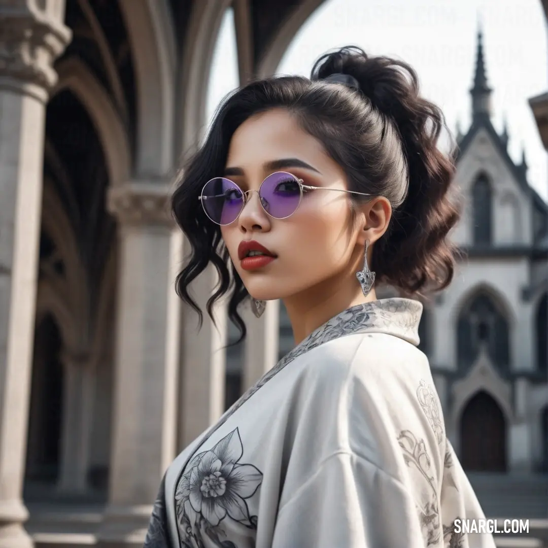 Woman wearing sunglasses and a kimono in front of a building with arches and arches on it's sides. Color #FFFFFF.