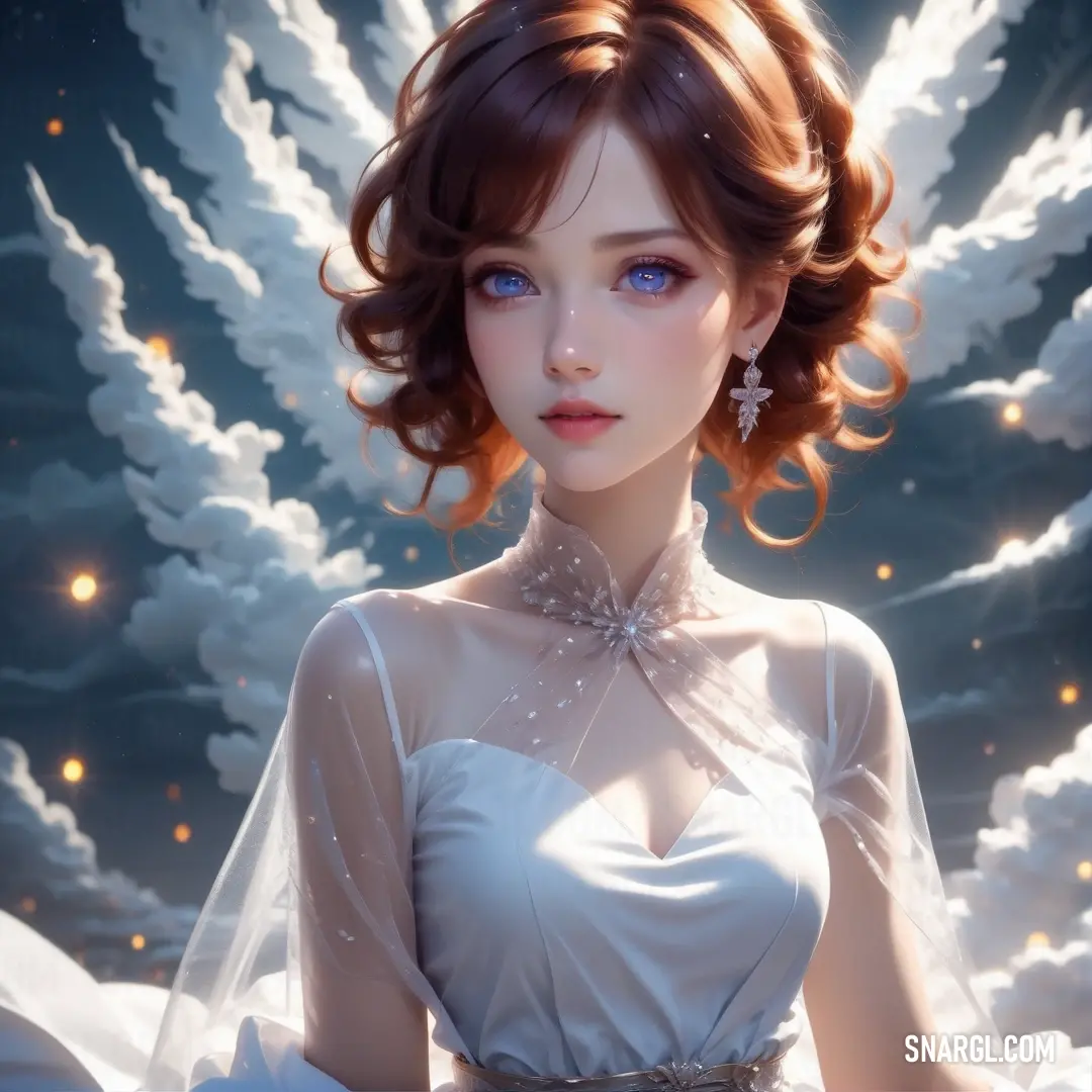 A woman dressed in a flowing white gown and angel wings stands serenely, gazing directly at the camera. Her peaceful demeanor and ethereal appearance create a striking contrast against the soft white background.