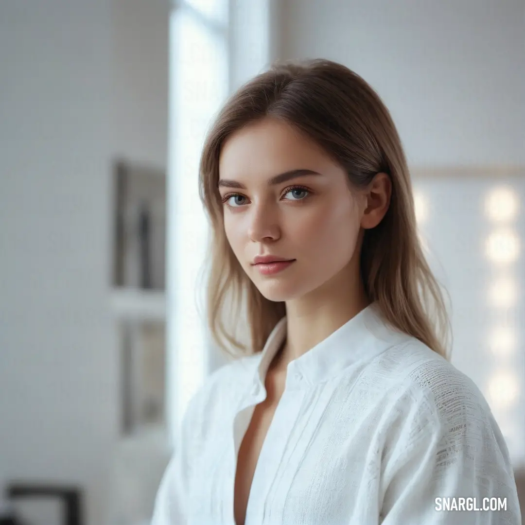 A woman in a simple white shirt stands in a bright room, looking out with a thoughtful expression. Behind her, a large window lets in natural light, illuminating the space with a soft glow.