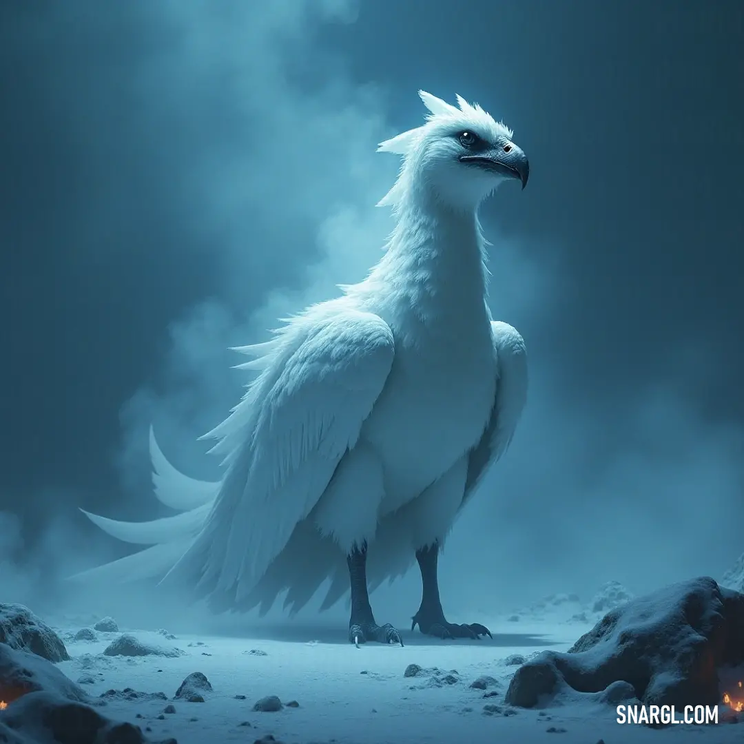 A stunning Whiteflame with long feathers stands on snow, under a dramatic dark sky. A majestic Whiteflame with long, elegant feathers stands proudly on a snowy expanse, gazing into the vast, dark sky, creating a sense of serene solitude amidst the wilderness.