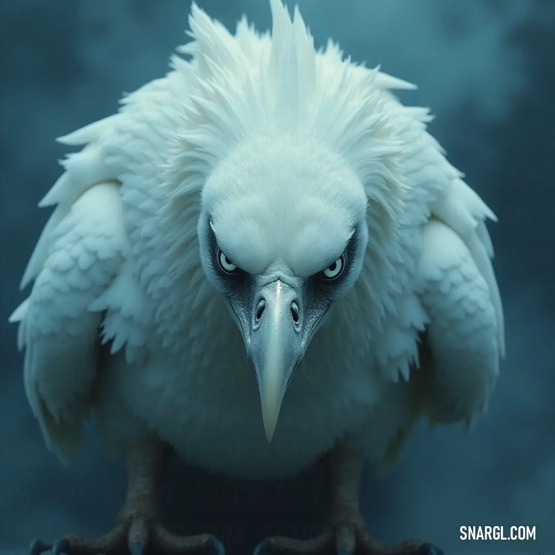 A fierce white bird with a prominent beak and bright blue eyes stands boldly before a shadowy, darkened background, creating a dramatic and captivating visual. A striking white bird with a large, bold beak and piercing blue eyes stands against a dark, moody backdrop. Its powerful presence contrasts with the surrounding shadowy tones, giving it a mystical and commanding appearance.