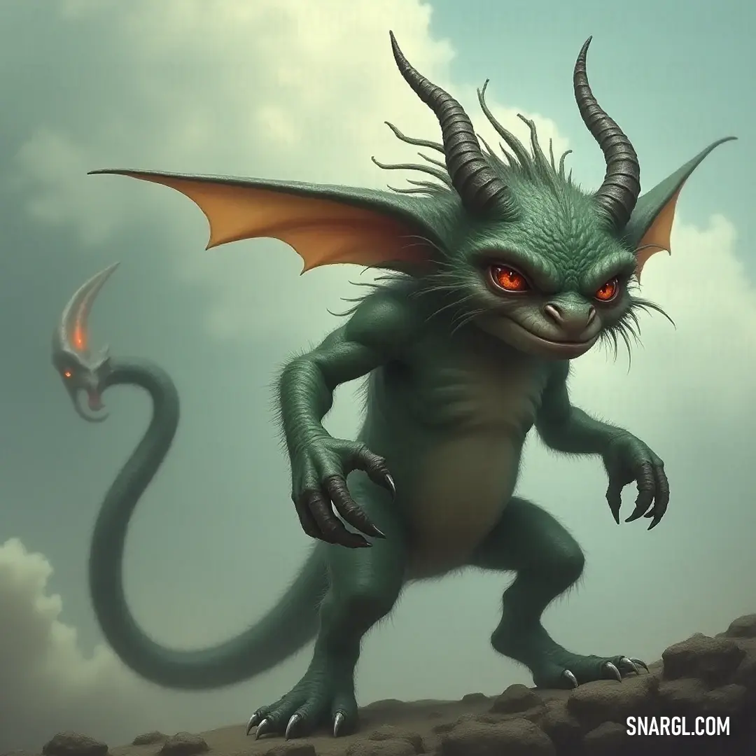Presenting the fierce Green Whizz, adorned with vibrant orange eyes and towering horns, standing on a rocky outcrop, ready to unleash its fiery breath against a dramatic sky, blending elements of power and whimsy effortlessly. A striking Green Whizz with fiery orange eyes and prominent horns, boldly perched on a rock, exuding an aura of confidence, while flames flicker from its mouth against a breathtaking sky backdrop, igniting the imagination.