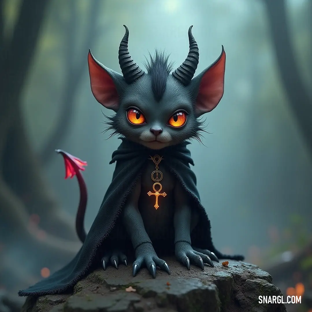 A mysterious ebony figure adorned with twisted horns, standing proudly on a weathered rock, while an enigmatic cross glistens on its chest amidst the dappled sunlight of the enchanting forest.
