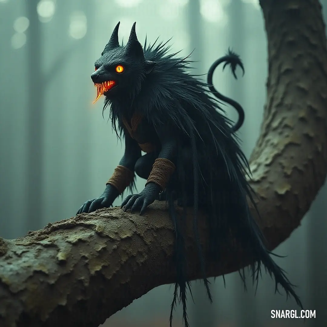The Mysterious Wicket Hidden in Foggy Shadows A Creepy Wicket with luminous eyes perches on a gnarled tree branch, enveloped in dense fog that blankets the forest. The subtle interplay of shadows and light around it creates an unsettling aura, inviting intrigue and wariness from onlookers.