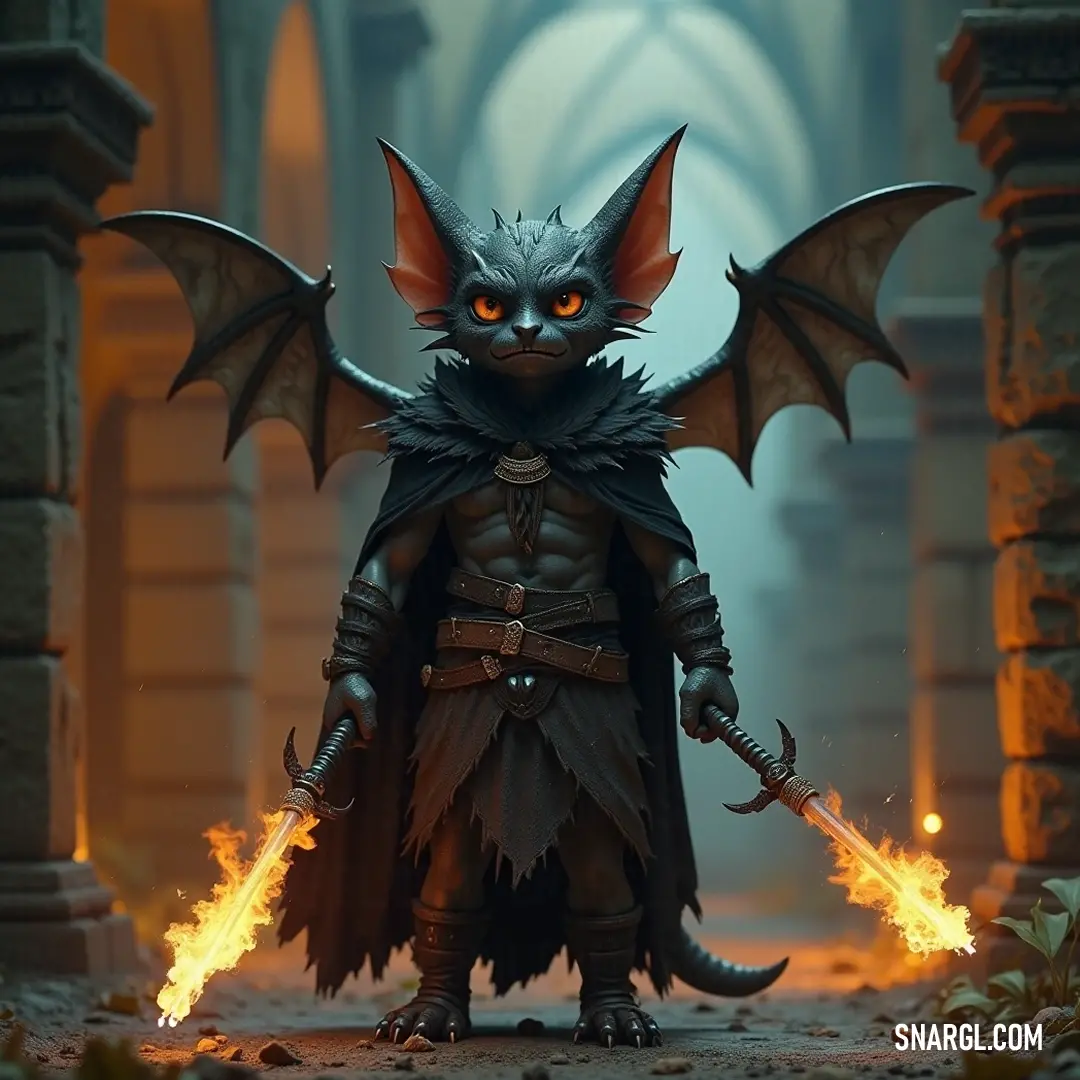 The Fearsome Demonic Wicket Unleashed A Demonic Wicket, sword in hand, strides through a street, flames escaping its mouth. Clad in a striking demon-like outfit, it emanates an aura of dark charisma, captivating onlookers with its fierce expression and commanding presence.