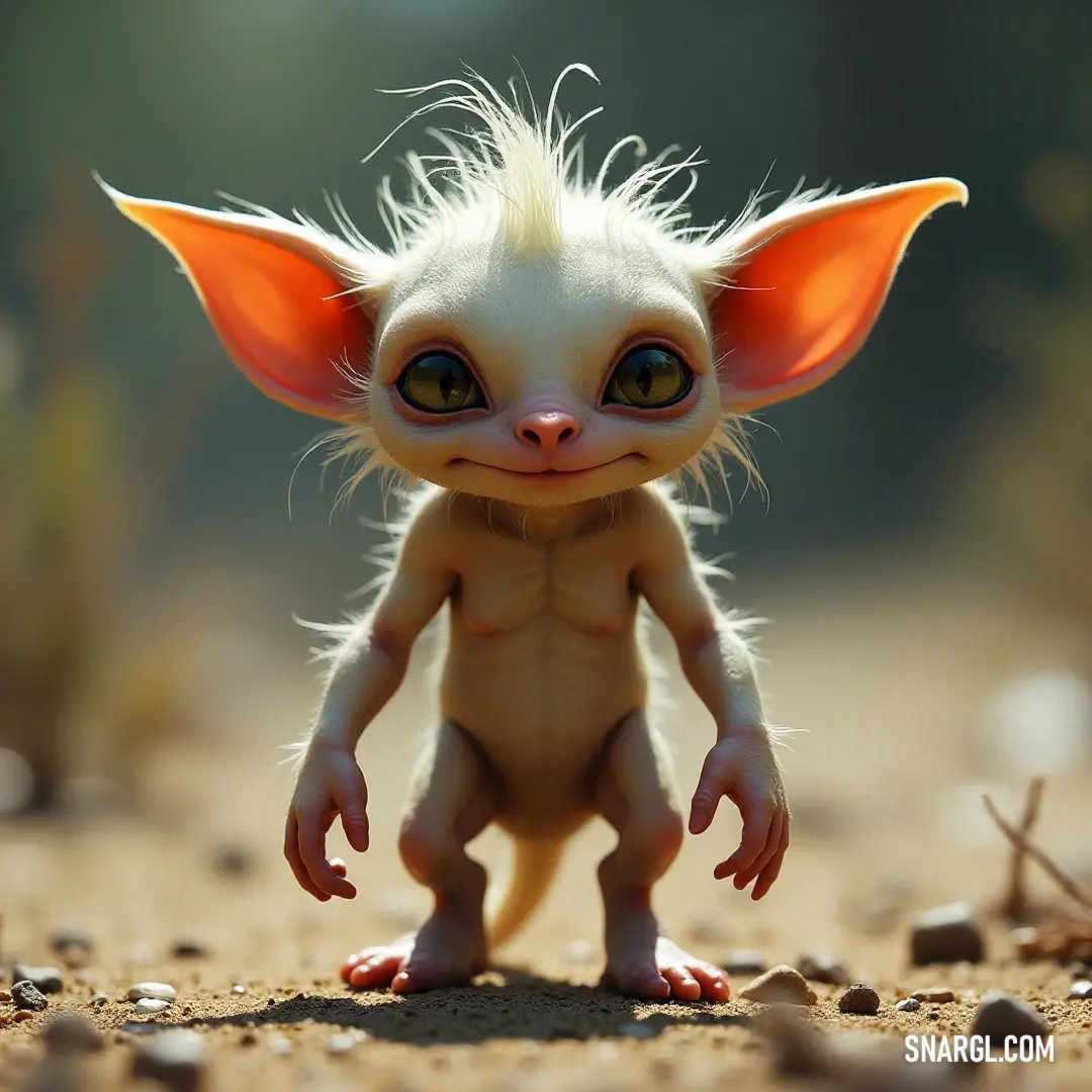 A whimsical doll with big expressive eyes and a unique hairstyle, laying amidst nature, surrounded by rocks and grass, creating a playful yet enchanting scene. A small doll with charmingly large eyes and a quirky haircut lies on the ground, surrounded by a backdrop of rocks and grass, presenting a playful yet enchanting sight that captures the imagination.