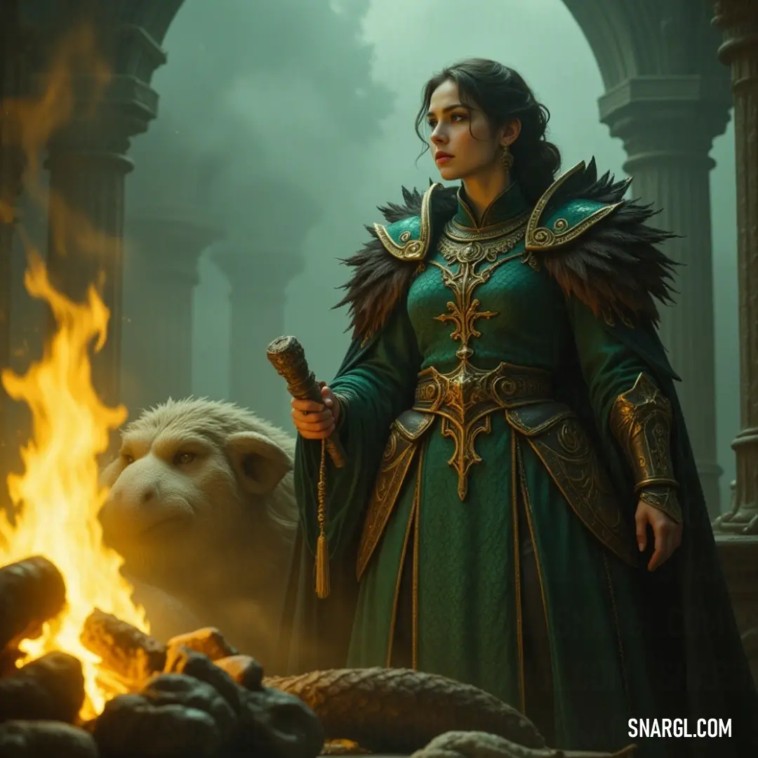 Majestic Wight Lord in a flowing green dress standing beside a glowing fire pit, with a loyal dog at her feet and a regal lion behind her, embodying an enchanting aura. A majestic Wight Lord adorned in a flowing green dress gracefully stands beside a glowing fire pit. At her feet, a faithful dog looks up lovingly, while a proud lion watches protectively from behind, creating a scene of mystical harmony in the twilight.