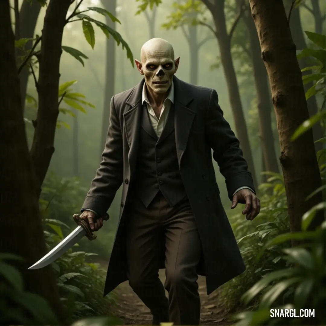 A masked figure in a suit, knife in hand, stands poised in a foggy forest, blending with the darkness around them as an unsettling presence. A figure dressed in a dark suit and mask, holding a knife, stands among the trees of a foggy forest. The shadows play across their face, obscuring their true intentions as they blend into the night.