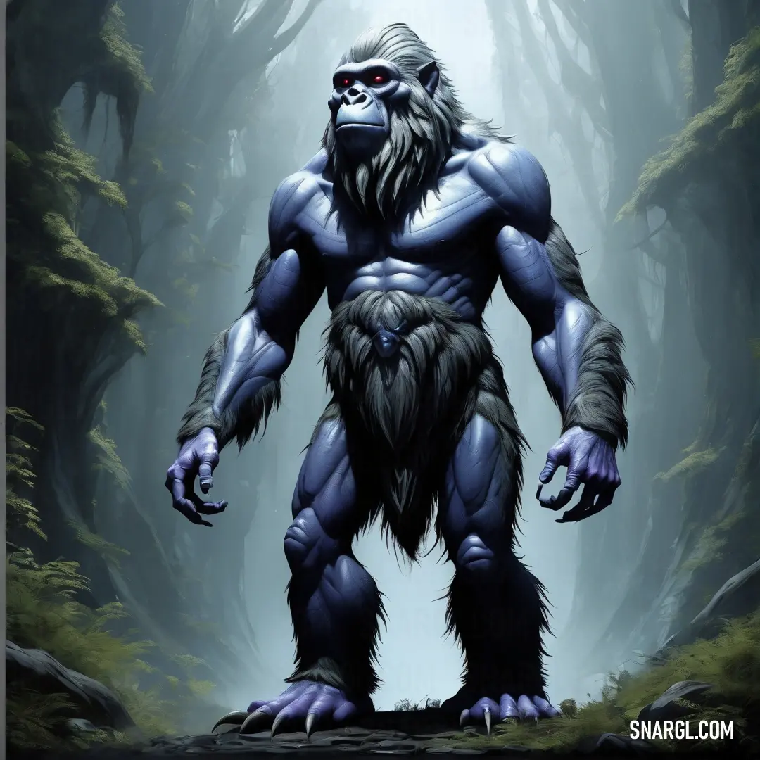 Bigfoot standing in a forest with trees in the background and fog in the air behind it. Color RGB 162,173,208.