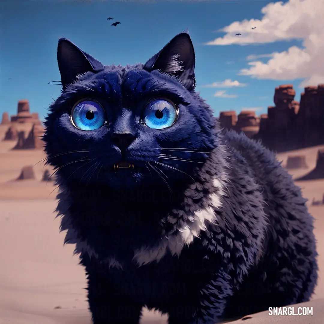 Black cat with blue eyes standing in the sand with a sky background and a bird flying overhead in the sky