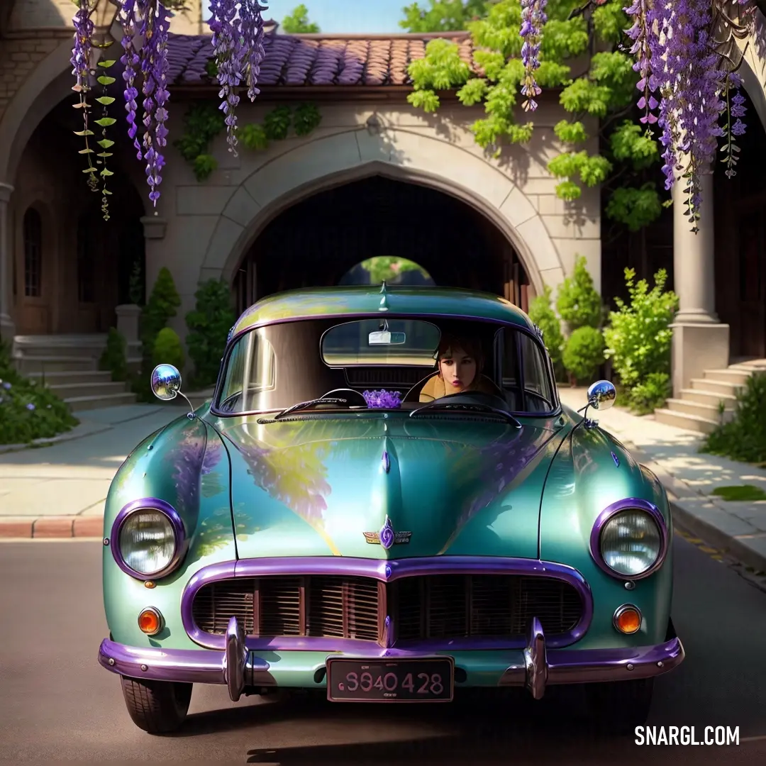 Car with a woman in the back seat driving down a street with purple flowers hanging from the ceiling