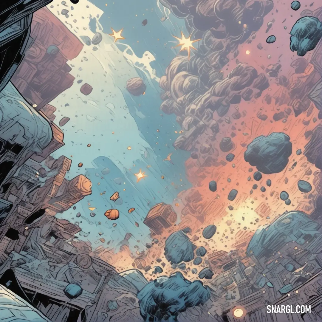 Comic book cover with a bunch of rocks and a sky background with stars and clouds in the sky. Example of Wild blue yonder color.