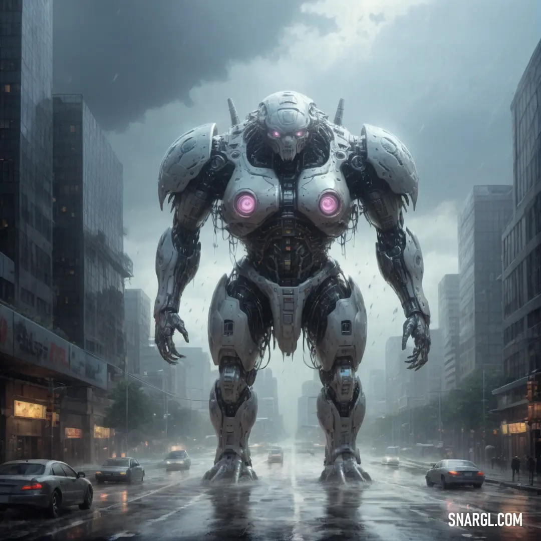 Wild blue yonder color example: Giant robot standing in the middle of a city street in the rain with red eyes and a huge body of metal