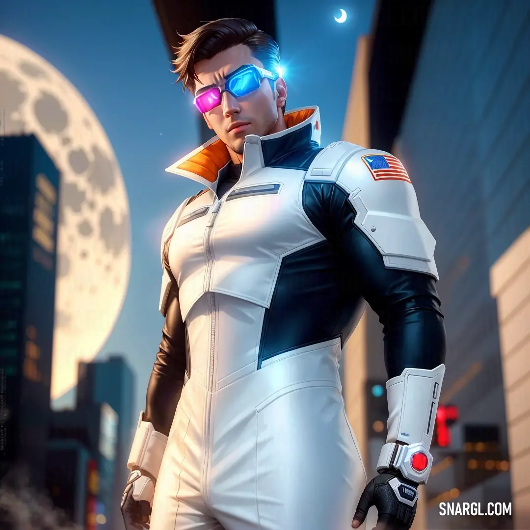 Man in a futuristic suit with a futuristic helmet and goggles on his face and a full moon in the background