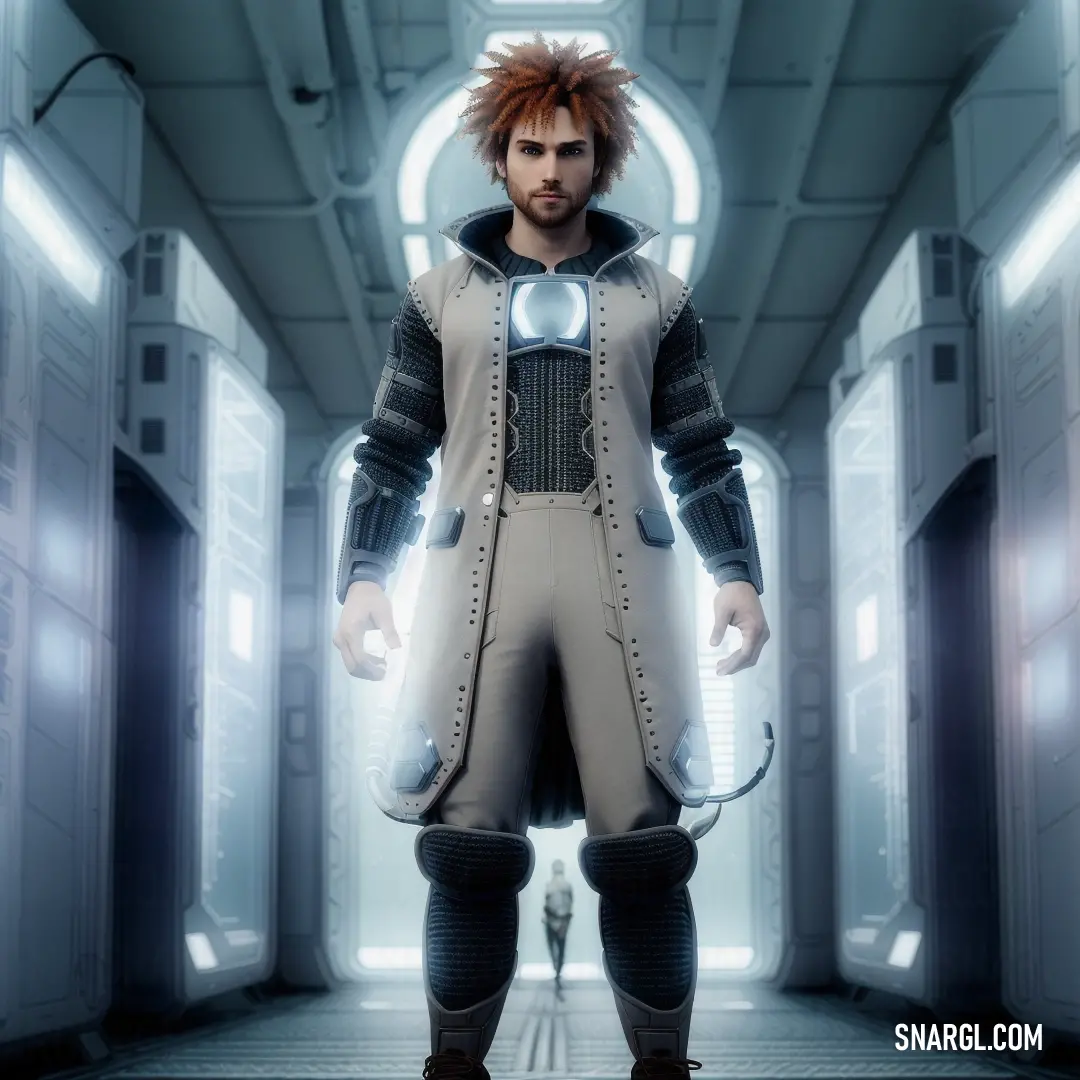 Man with red hair and a beard in a sci - fi setting with a cat on his shoulder