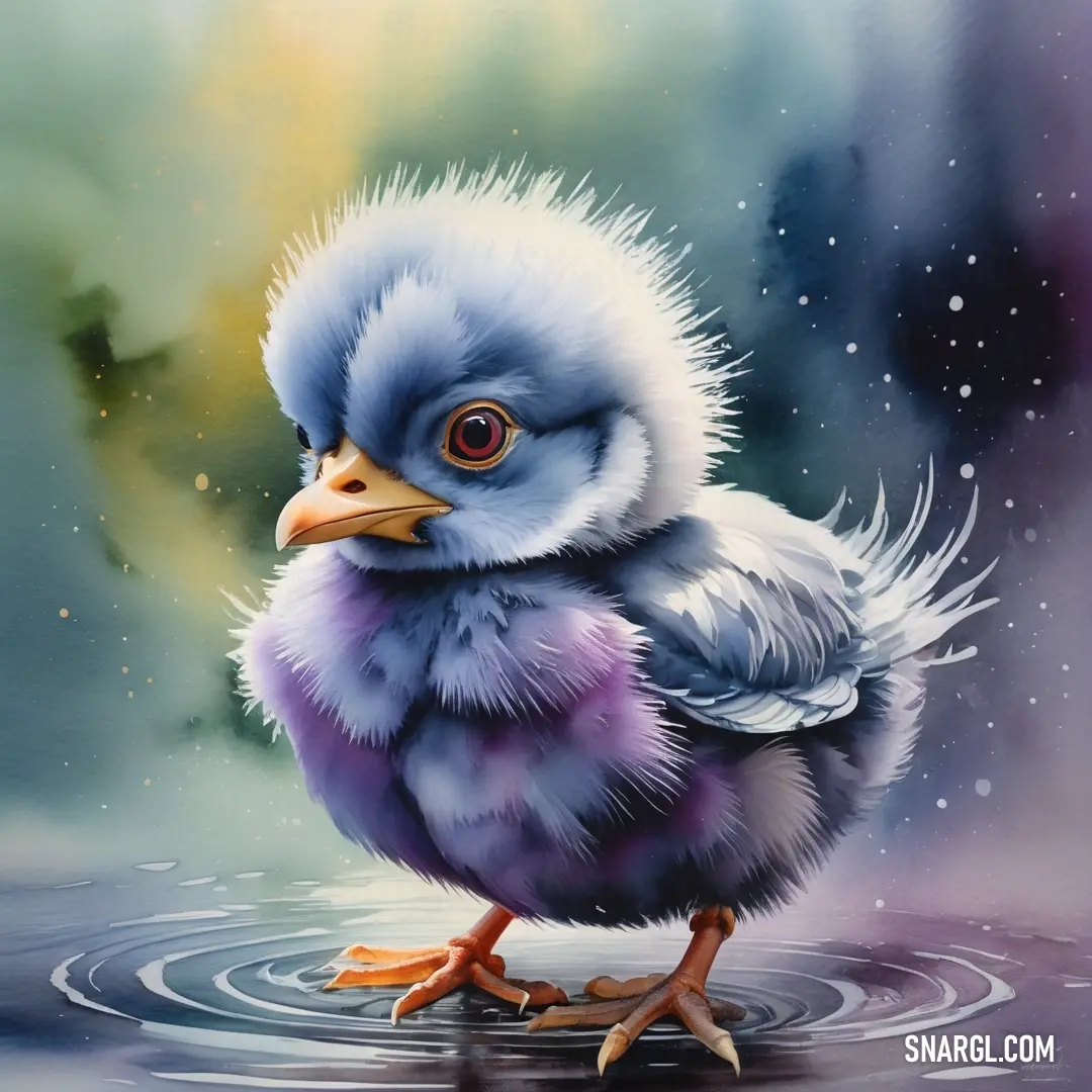 Painting of a blue bird with a white head and legs standing in water with a green background and a blue sky