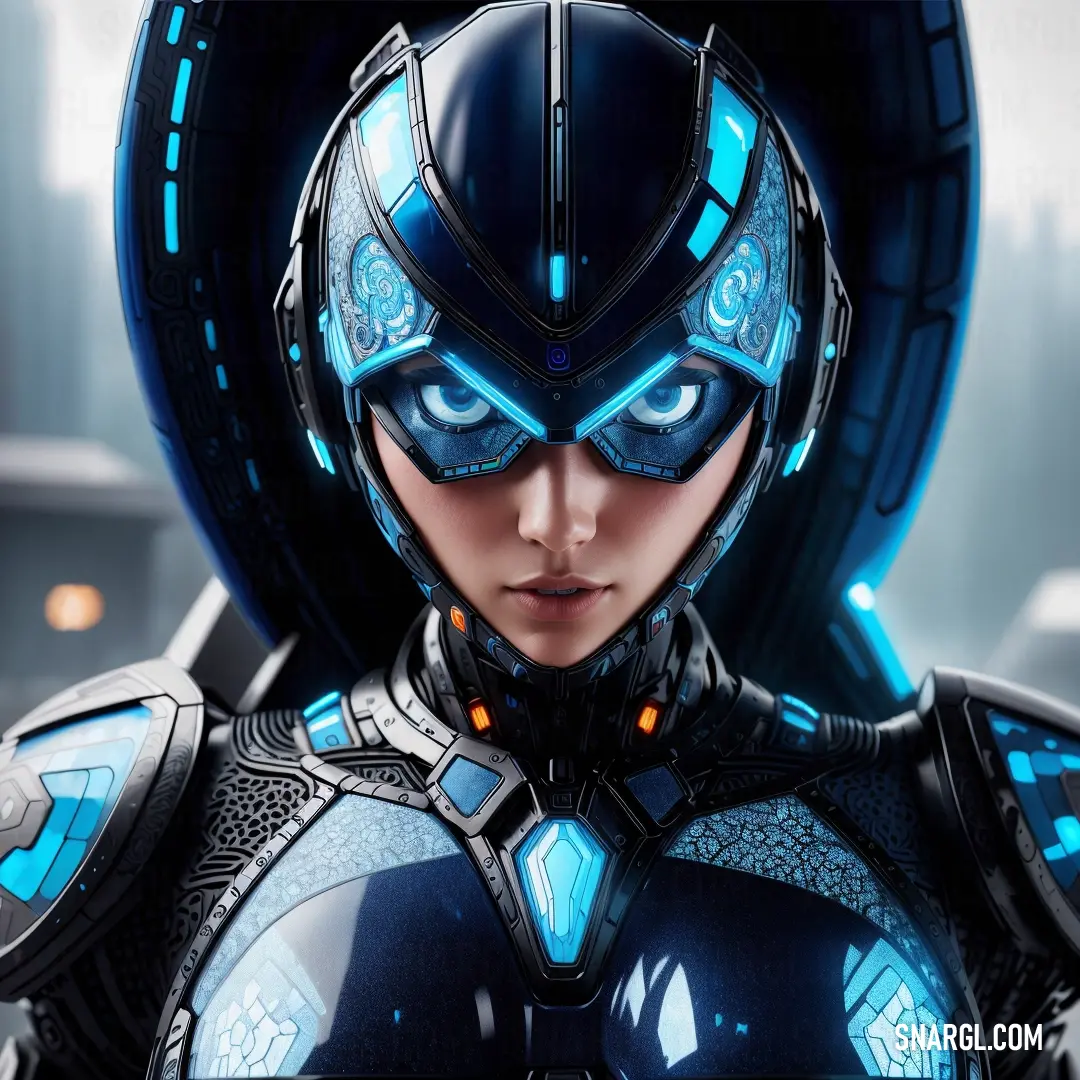 Woman in a futuristic suit with blue lights on her face and chest