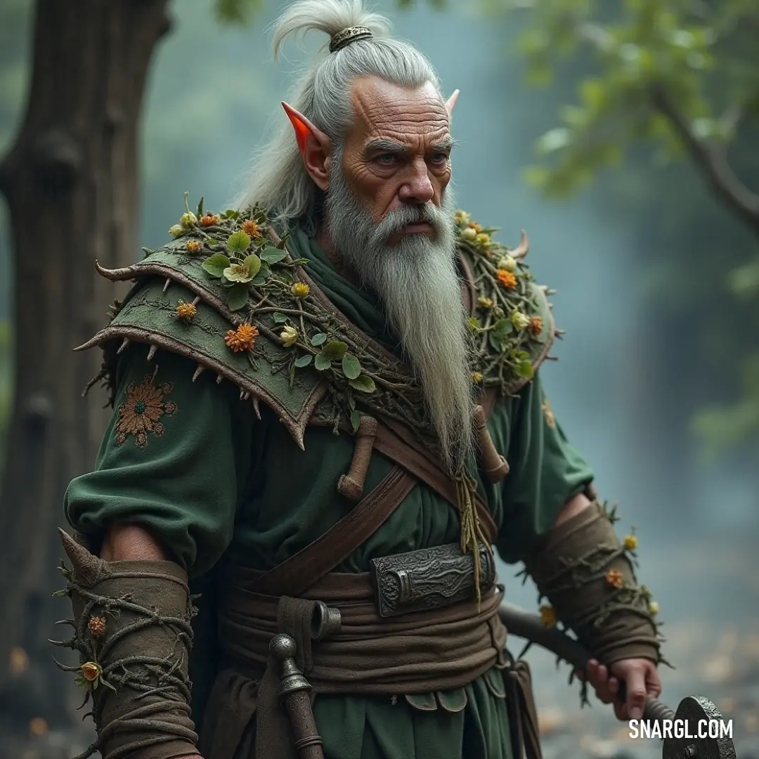A wild sage with a full beard, adorned with flowers, stands proudly, holding a sword in one hand and a shield in the other. His rugged appearance is complemented by his connection to nature, his presence both fierce and wise.
