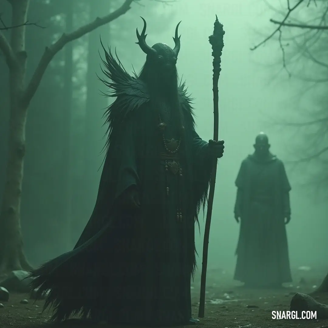 In a fog-shrouded forest, a Wild Shaman wearing a majestic black robe and feature adorned with horns stands armed with a powerful staff, embodying the essence of nature's ancient wisdom and mystique. A mystical Wild Shaman stands tall, clad in a flowing black robe, showcasing a striking horned head and wielding a potent staff that draws upon the ancient energies of the fog-laden forest surrounding them.