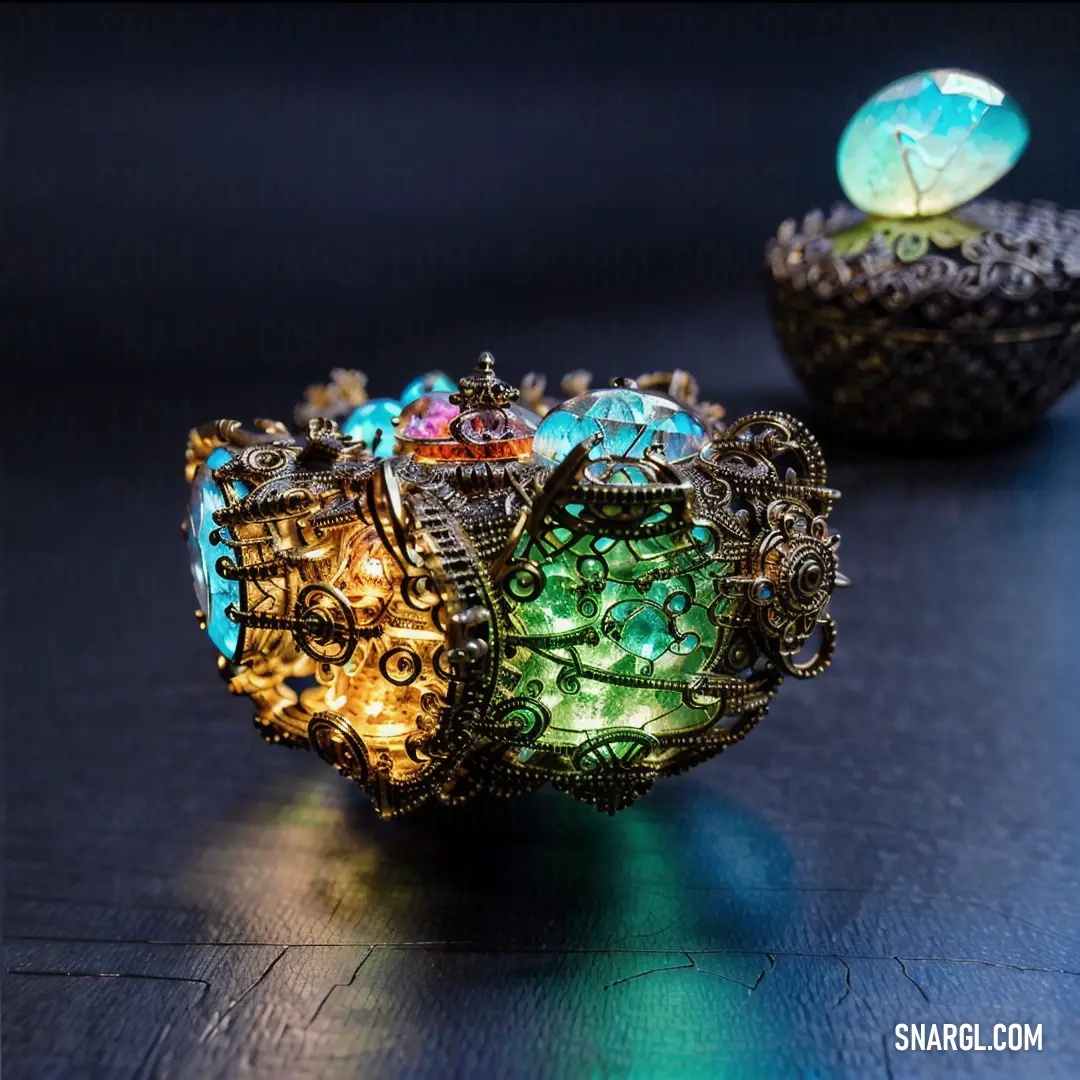 A close-up of a delicate bracelet resting on a wooden table, with a soft, glowing ball out of focus in the background. The intricate design of the bracelet contrasts against the smoothness of the surface and the subtle play of light and shadow.