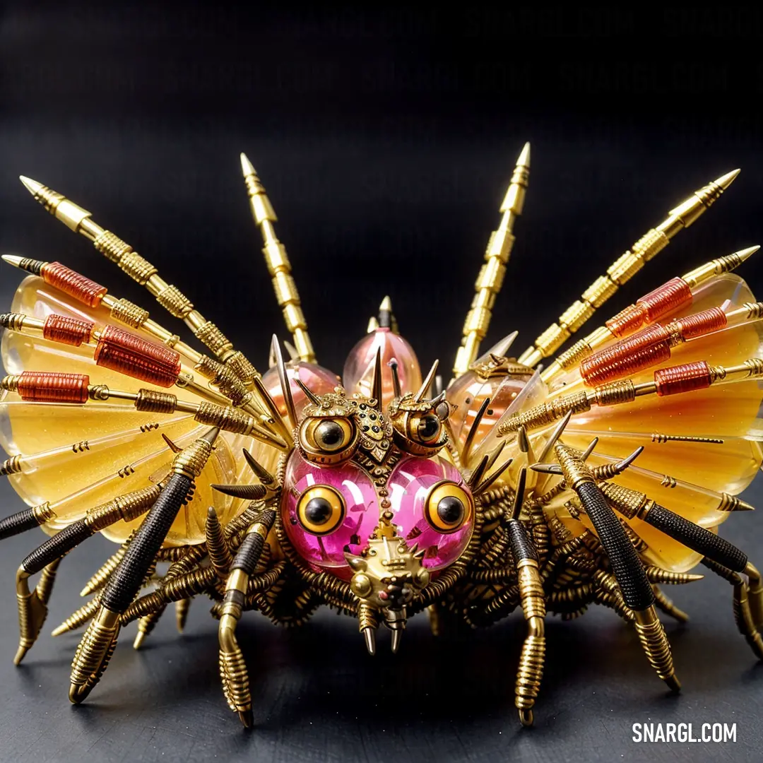 An up-close view of a unique metal and glass bug sculpture, with intricate golden spikes adorning its head and legs. The vibrant Wild Strawberry hue stands out, adding boldness to this artistic insect masterpiece.