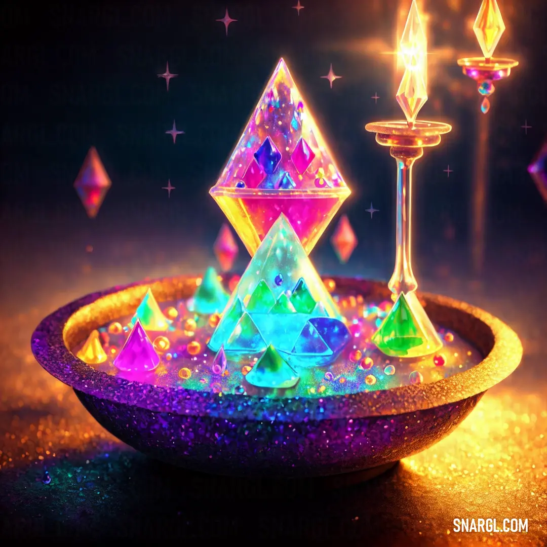 A colorful bowl filled with a flickering candle and sparkling crystal pieces rests on a table, surrounded by twinkling stars and soft light, with the Wild Strawberry color adding warmth and charm to the scene.