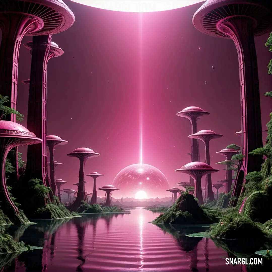 A futuristic landscape with a soft pink glow, leading to a distant tunnel with a mesmerizing pink light. In the foreground, a tranquil lake is bordered by trees, creating a surreal and dreamlike scene filled with peaceful, vivid color.