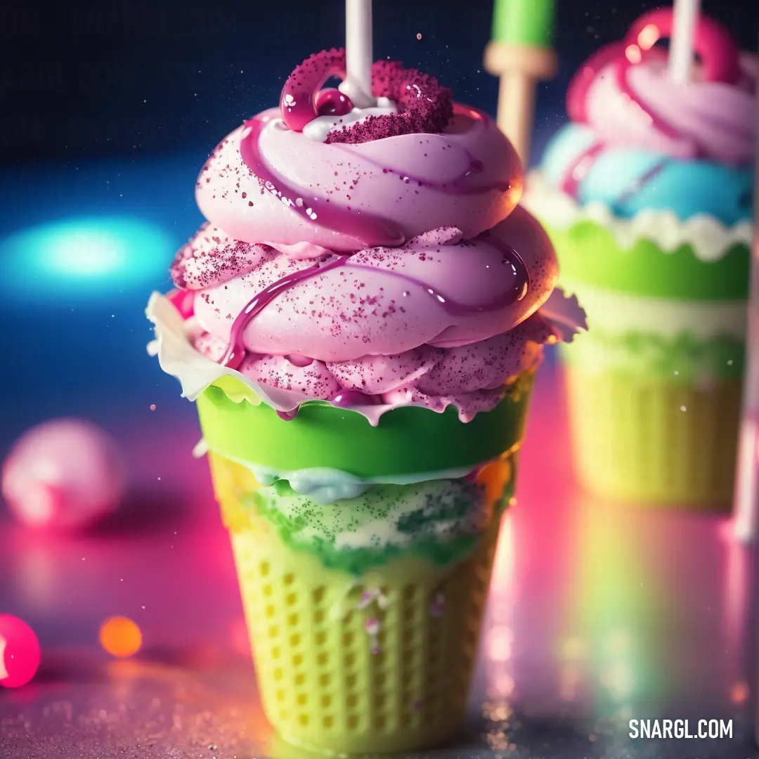 A collection of cupcakes with pink frosting and candles on top, including one green cupcake with pink frosting. The sweet and colorful array of treats makes for a cheerful dessert spread.