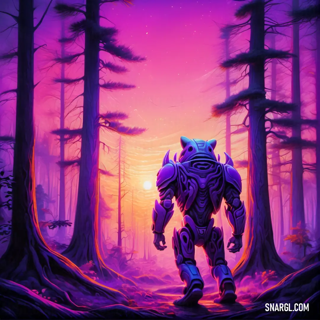 A whimsical scene of a robot wandering through a dense forest, illuminated by the soft glow of a purple-hued sunset. The surrounding trees stretch up toward the sky, blending with the bold Wild Strawberry color, creating an otherworldly and imaginative la