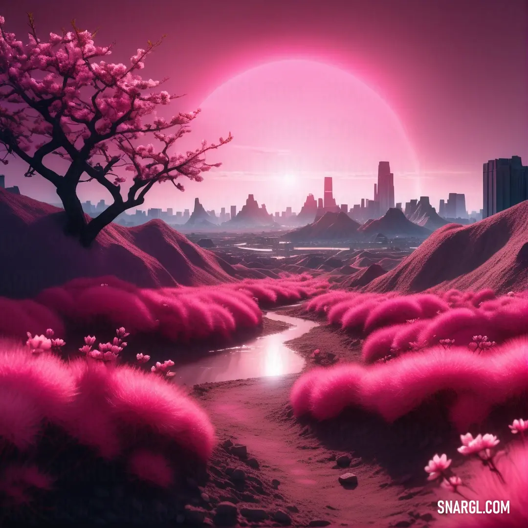 A stunning pink landscape where a river winds through the valley, flanked by tall trees on either side. The bold pink color stands out against the natural scene, highlighting the beauty and peace of this idyllic place.