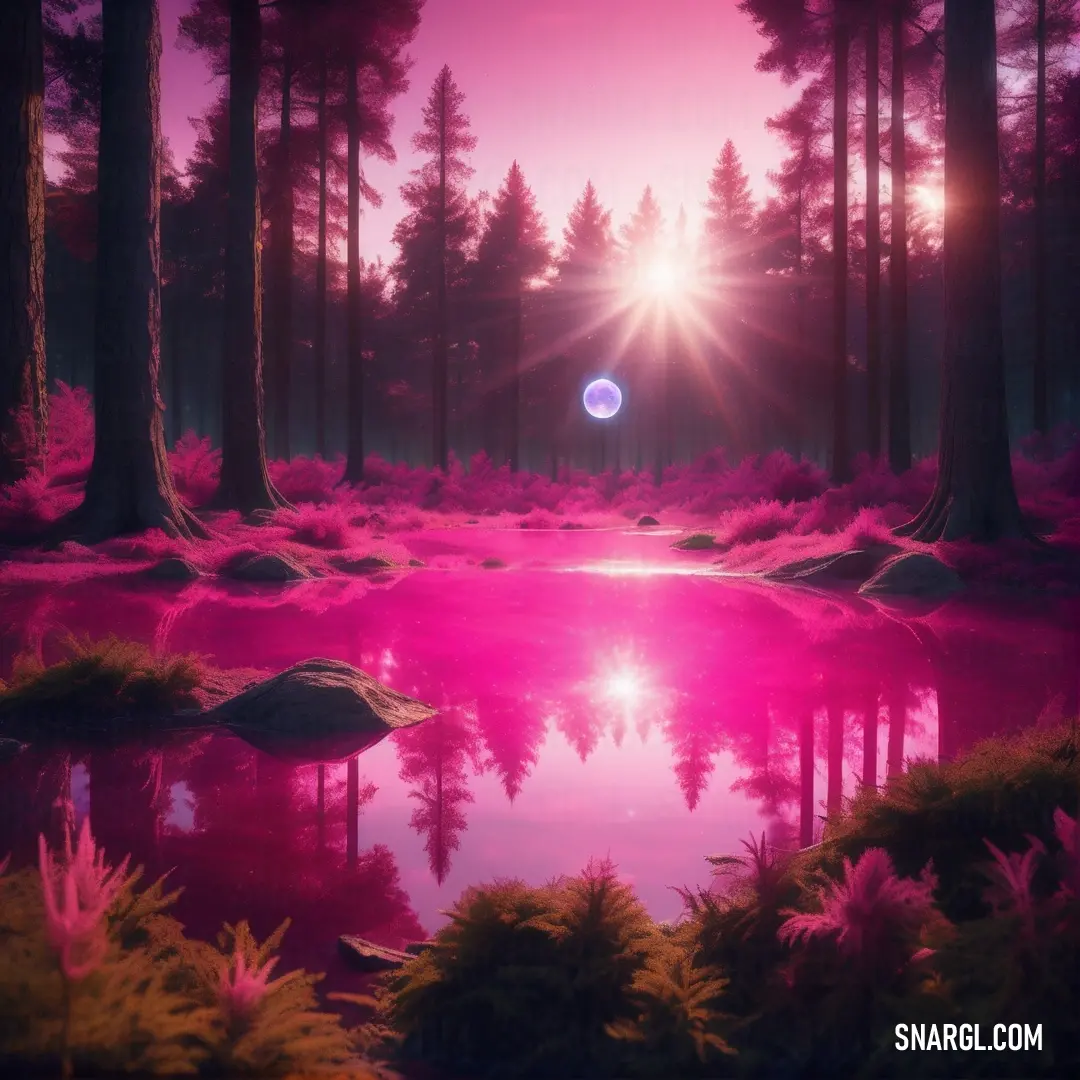 A tranquil forest scene at sunset, with a pink-hued sky reflecting on a still pond. Lush trees frame the peaceful waters in the foreground, capturing the perfect moment in nature. The colors are rich with a subtle CMYK blend that adds depth to the landsca