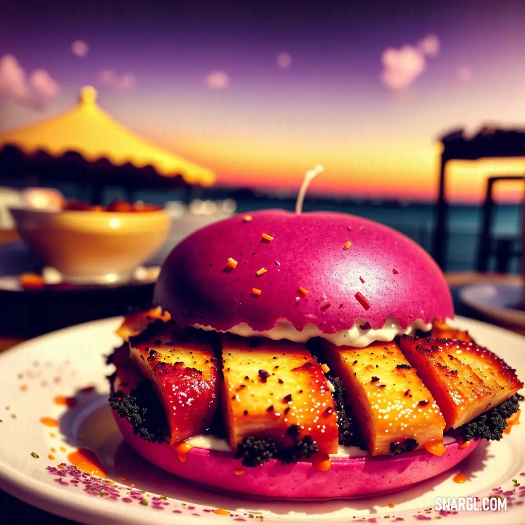 A unique sandwich with a pink and purple bun topped with a white layer sits on a plate. The bold color contrast of the buns adds a fun, eye-catching element to this delicious creation.