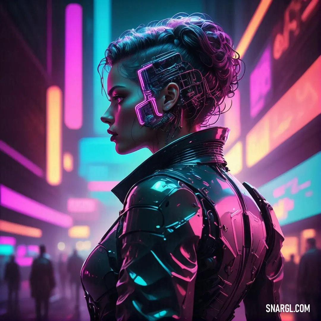 A woman in a sleek, futuristic cyber suit gazes into the distance, her neon-lit surroundings glowing in vibrant colors. The soft glow from behind her creates a sharp contrast with the dark tones of her suit and the electric hues of the lights.