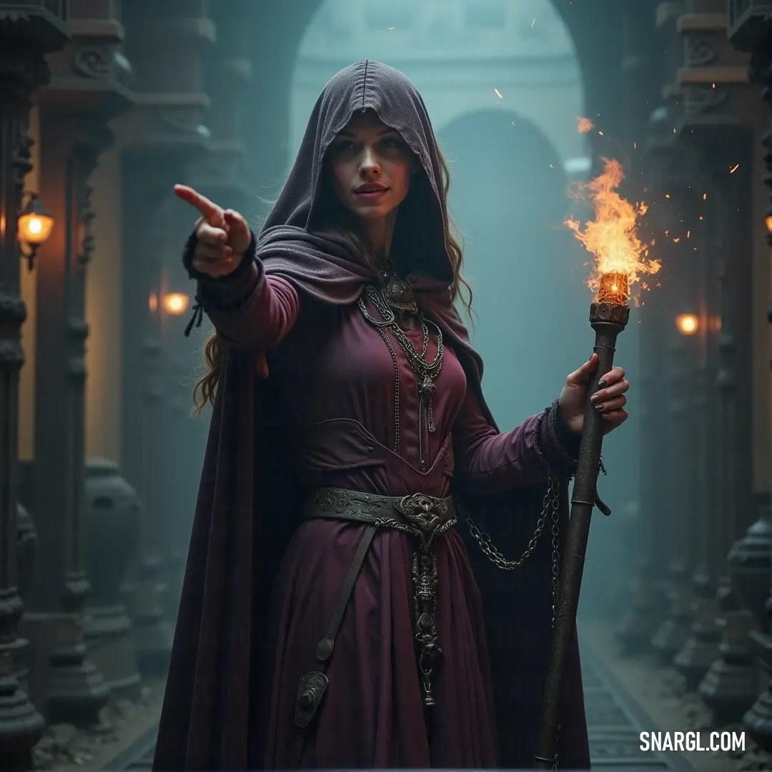 The Wild Warden, with a lit candle in hand, points toward an unseen destination, her medieval attire adding to her mystique. A mysterious figure, the Wild Warden, dressed in medieval attire, holds a lit candle and points towards the unknown. The flickering flame casts an eerie glow, enhancing the sense of intrigue and quiet authority.
