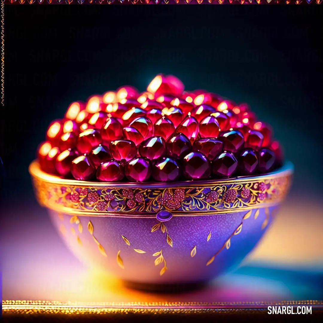 Bowl of red beads on a table with a black background and a gold border around it