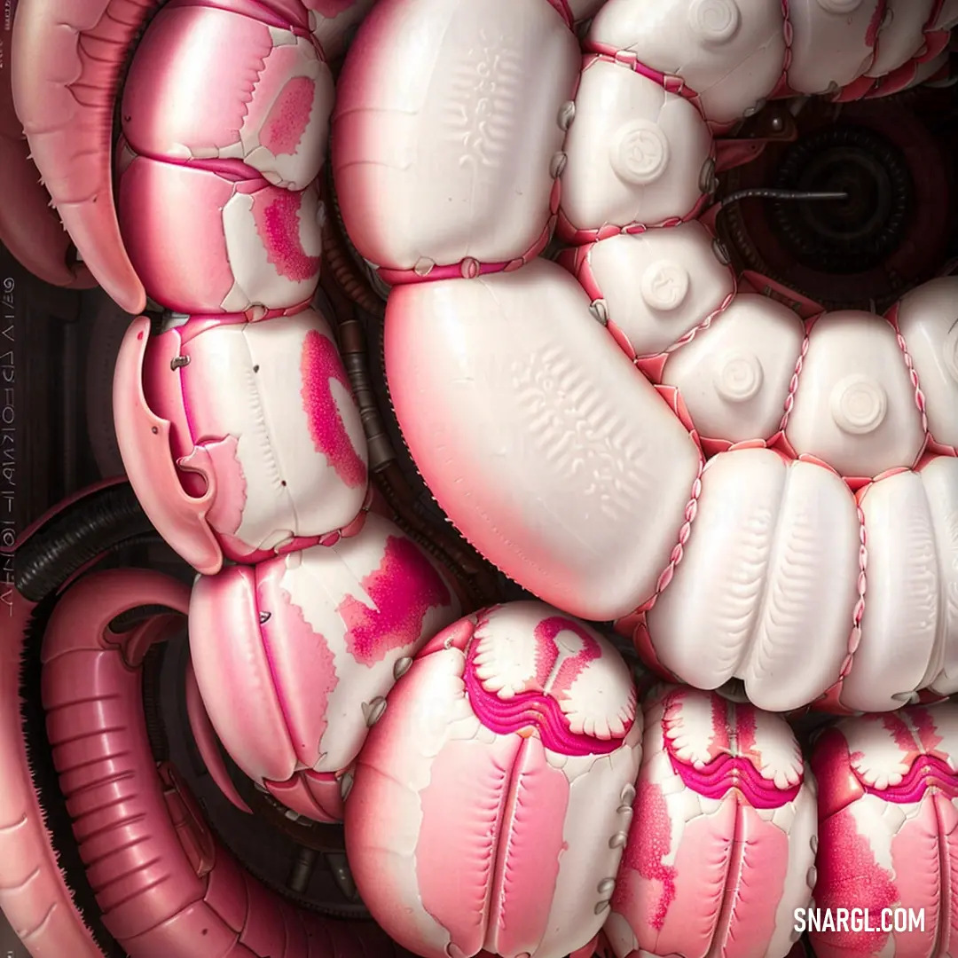 Bunch of pink and white balloons are stacked together in a pile together