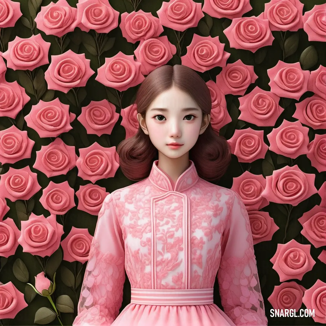 Girl in a pink dress standing in front of a wall of pink roses with a pink ribbon around her neck. Example of RGB 252,108,133 color.