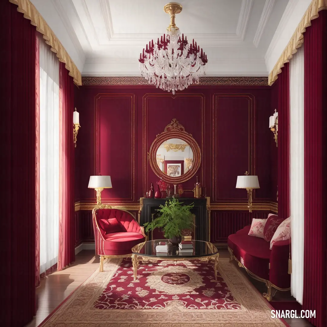 Living room with a red couch and a chandelier hanging from the ceiling