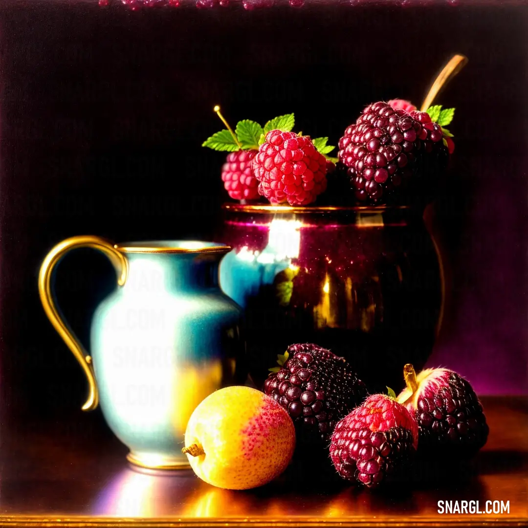 Painting of a pitcher of fruit and a lemon on a table with a purple background