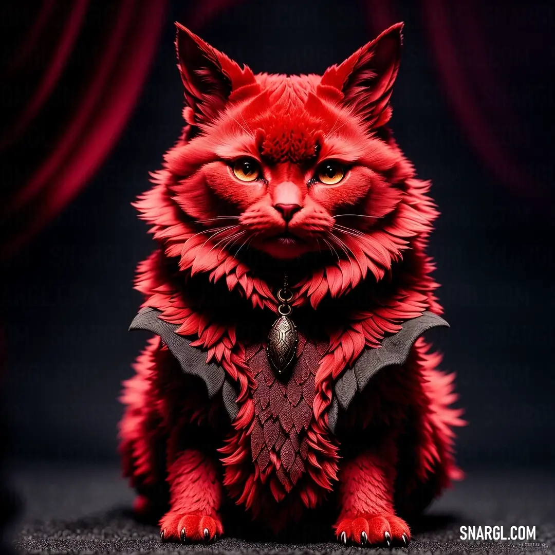 Red cat with a collar and wings on it's chest on a black surface with a red curtain behind it