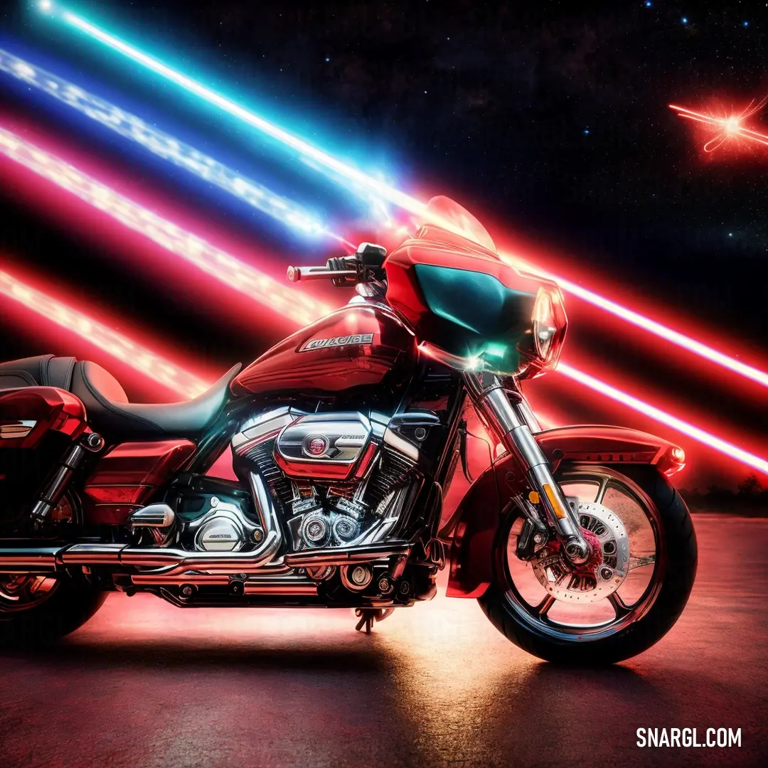 Red motorcycle parked in front of a red and blue background with bright lights on it's sides