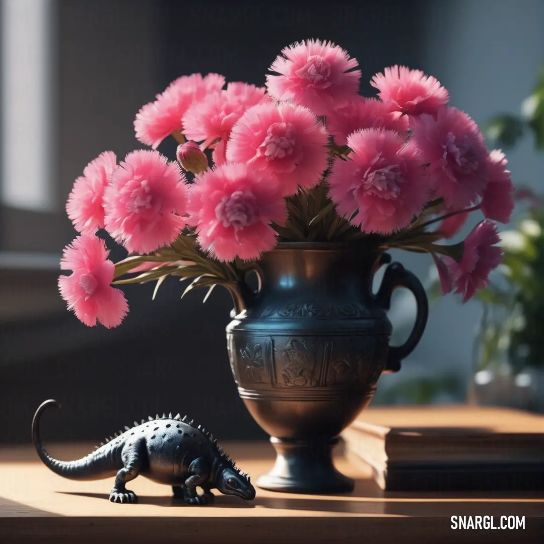 Vase with pink flowers and a toy dinosaur on a table next to it. Example of #FC6C85 color.