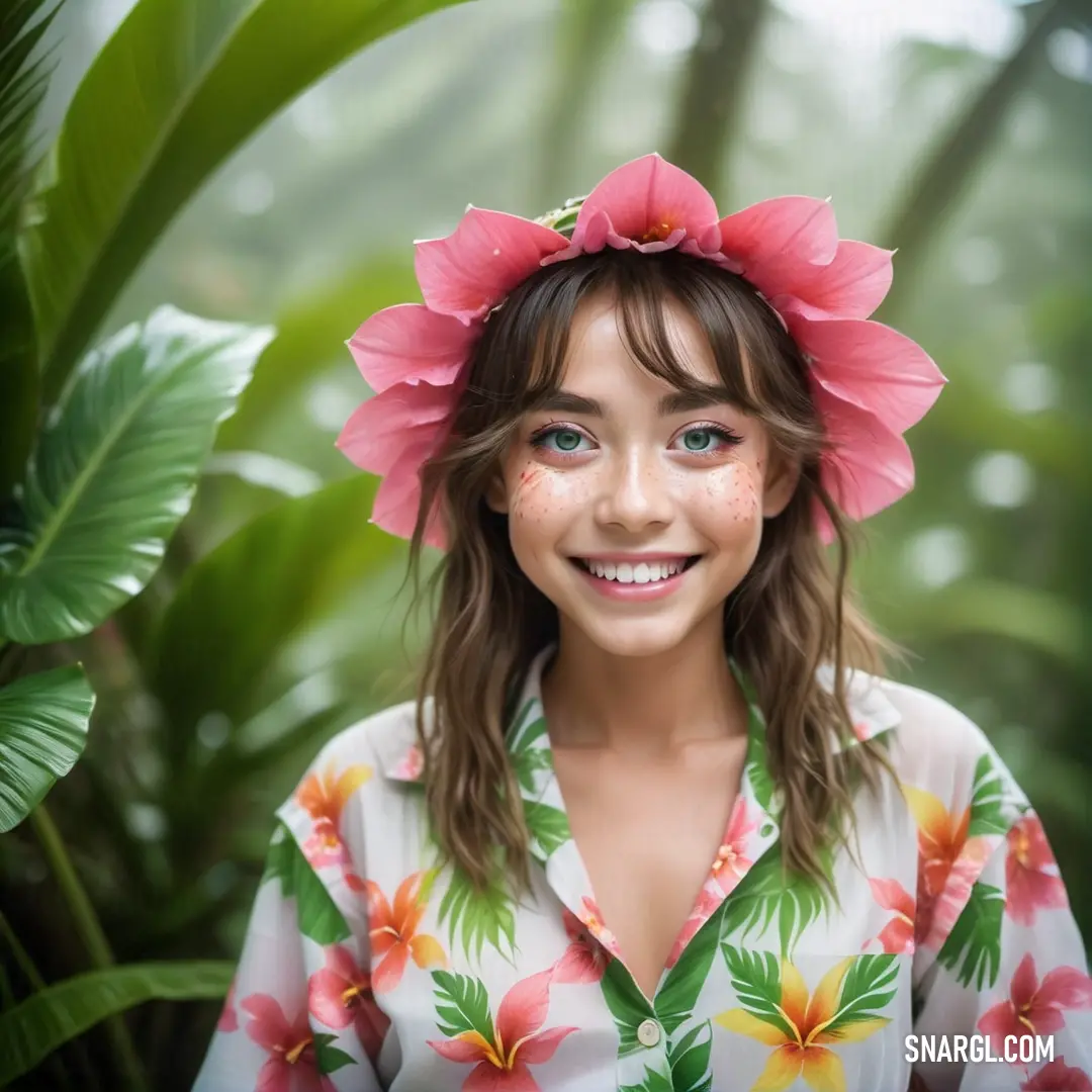 Girl with a flower in her hair smiling for a photo in a tropical setting with palm trees and foliage. Color #FC6C85.