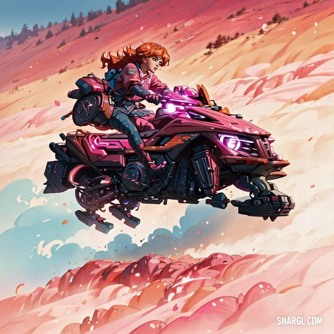 Woman riding a motorcycle on top of a mountain covered in snow and rocks with a sky background. Color #FC6C85.