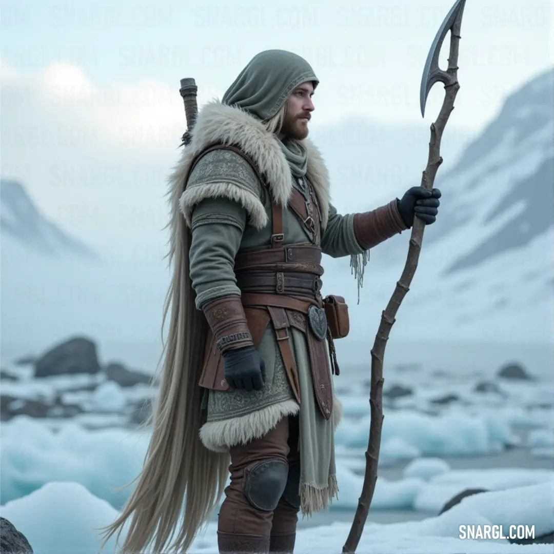 Wilderness Keeper in a rugged costume, standing in the snow with ice and snow swirling around. A Wilderness Keeper, draped in a rugged costume, stands in a snowy landscape, gripping a sturdy stick as ice chunks and snowflakes swirl around him, his presence unwavering against the cold.