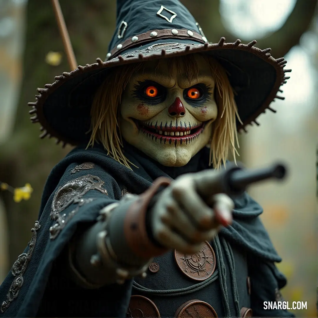 A witch-like figure, dressed in costume with a glowing red eye, points a gun at the viewer, exuding a sense of danger and mystique. A figure dressed in a witch's costume, complete with a pointed hat, holds a gun pointed directly at the viewer. His intense red eye glows ominously as he stands ready, his presence filled with dark energy and mystery.