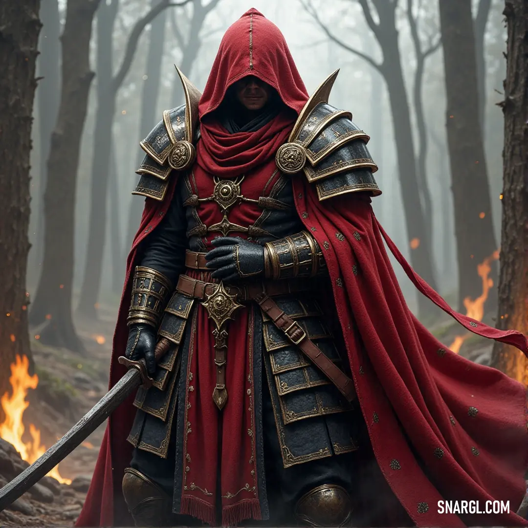 Wilhelm, cloaked in red, stands with sword drawn amidst a forest ablaze, the flames licking the sky behind him. A figure named Wilhelm, dressed in a crimson hooded cloak, holds a gleaming sword in a forest filled with towering trees. The orange glow of flames flickers in the distance, casting eerie shadows across the scene.