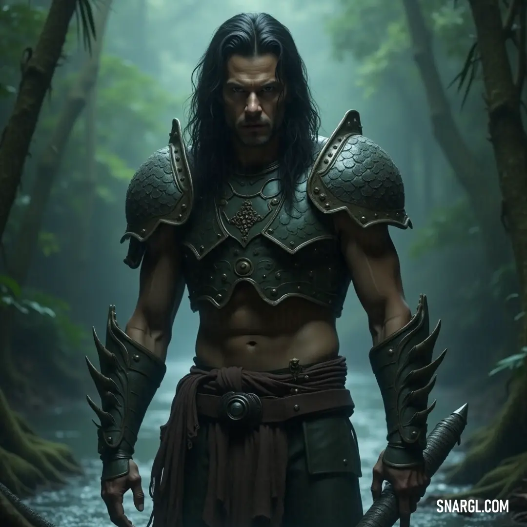 A formidable warrior in armor, sword drawn, surrounded by a lush forest setting. A fierce warrior clad in heavy armor and a protective beard stands in a lush forest, sword gripped tightly in hand. The dense foliage provides a dramatic backdrop, echoing his strength and readiness to defend his domain against any adversary.