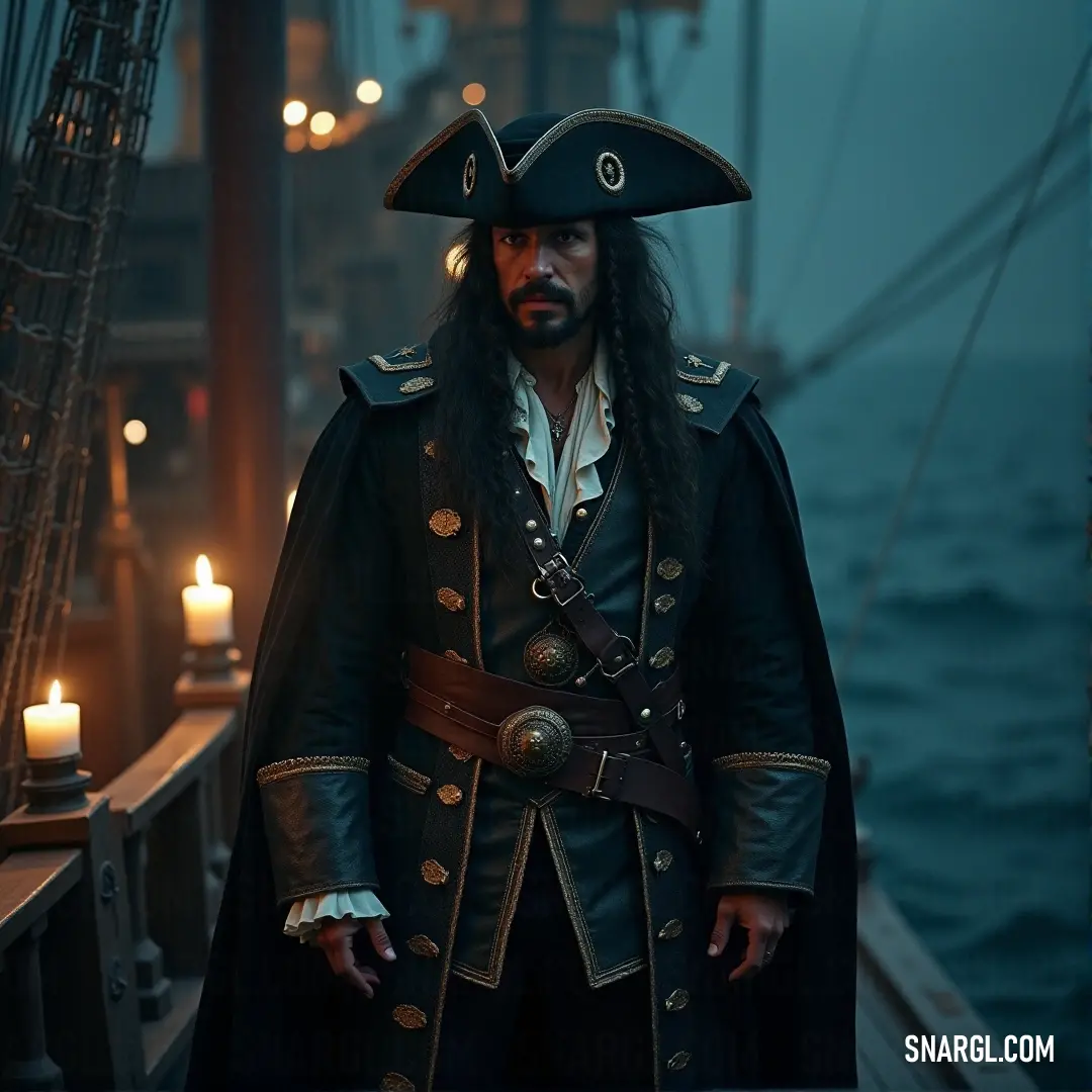 A pirate captain named William Kidd stands tall on his ship, dressed in a traditional pirate outfit, holding a flickering candle as he gazes across the dark, moonlit ocean. The night is alive with the sound of waves crashing against the boat's hull.