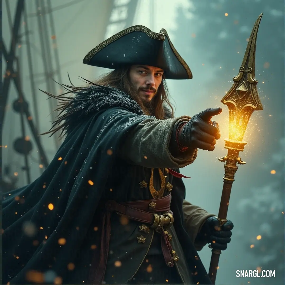 William Kidd in a pirate costume holds a glowing lightsaber and lantern, standing amidst a snowy landscape that sets the stage for his next daring adventure. A pirate, dressed as William Kidd, stands strong in the snow, holding a glowing lightsaber and a lantern. The cold landscape around him is contrasted by the warmth of the lantern’s glow, creating an enigmatic, adventurous scene.